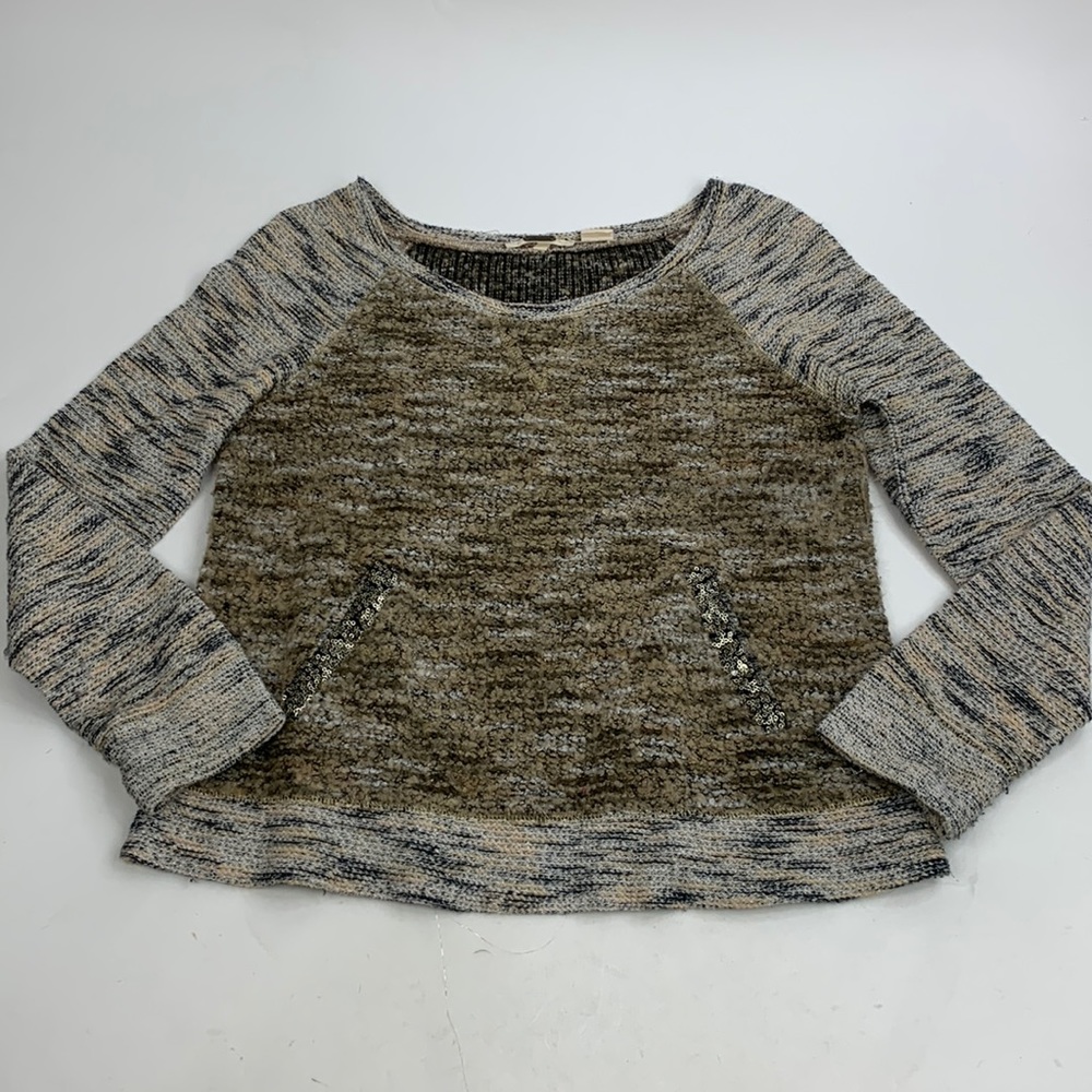 Miss Me Sparkle sequins Wool Scoop neck sweater Size Small Brien Tan Crop